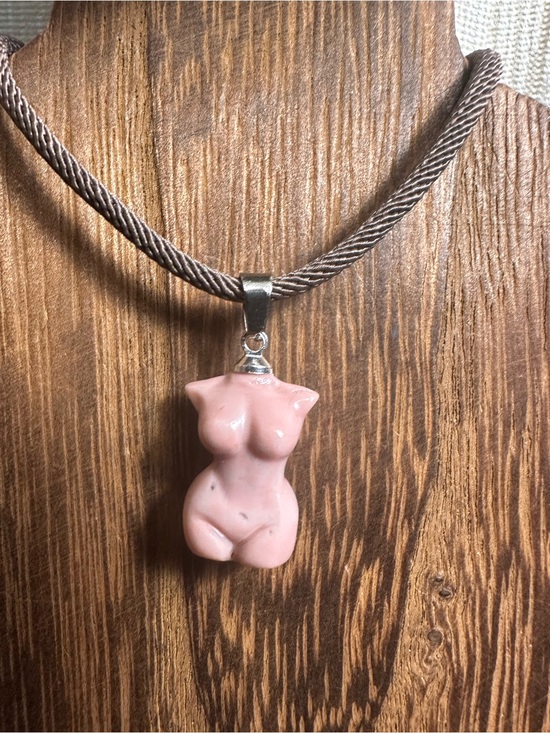 Jewelry - Mini Light Pink Alashan Agate Lady Body Carving Pendant Necklace on Brown Rope